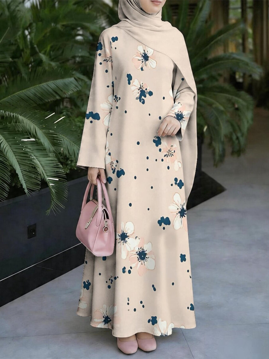 Women'S Middle Eastern Style Muslim Elegant Robe Dress, Suitable for Malaysian Dress, Arabic Ink Floral Long Robe, Loose Flared Long Sleeve, for Prayer, Visiting, Outings, And Gatherings, Lightweight And Flowing Non-Embroidered Craft - Mixed colors