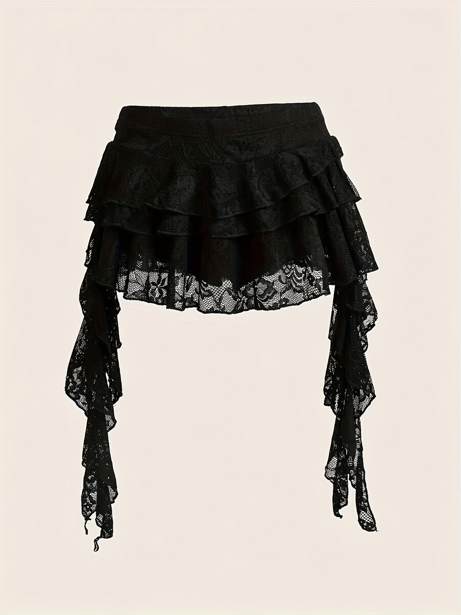 Low-waist Vacation-style Casual Sexy White Lace Ruffle Hem Mini Skirt with Safety Shorts to Prevent See-through. Spring/summer Women's Concert Tiered Wave-edge Mini Skirt, Fashionable Party Y2K A-line Ruffle Tiered Cake Skirt, Suitable for Vacation - Black