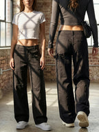 Women'S New Stretch Low-Waist Straight Cargo Pants, Daily Commute Easy Casual Fashion Versatile Long Trousers Denim Jeans - Black