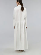 Minimalist Style White Shirt-Style Long Dress with Lapel, Overlapping Front Placket, Pleated Flared Hem, Elegant Bridesmaid Dress for Wedding Guests and Banquets - Milky