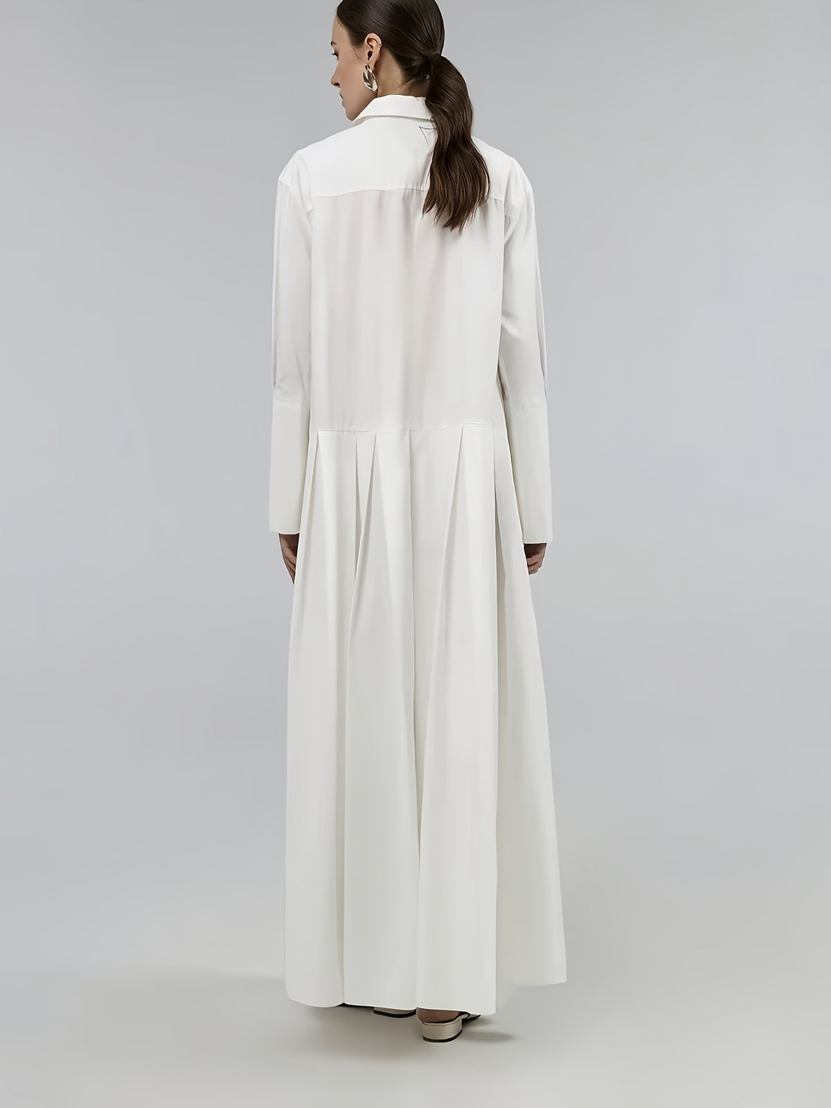 Minimalist Style White Shirt-Style Long Dress with Lapel, Overlapping Front Placket, Pleated Flared Hem, Elegant Bridesmaid Dress for Wedding Guests and Banquets - Milky