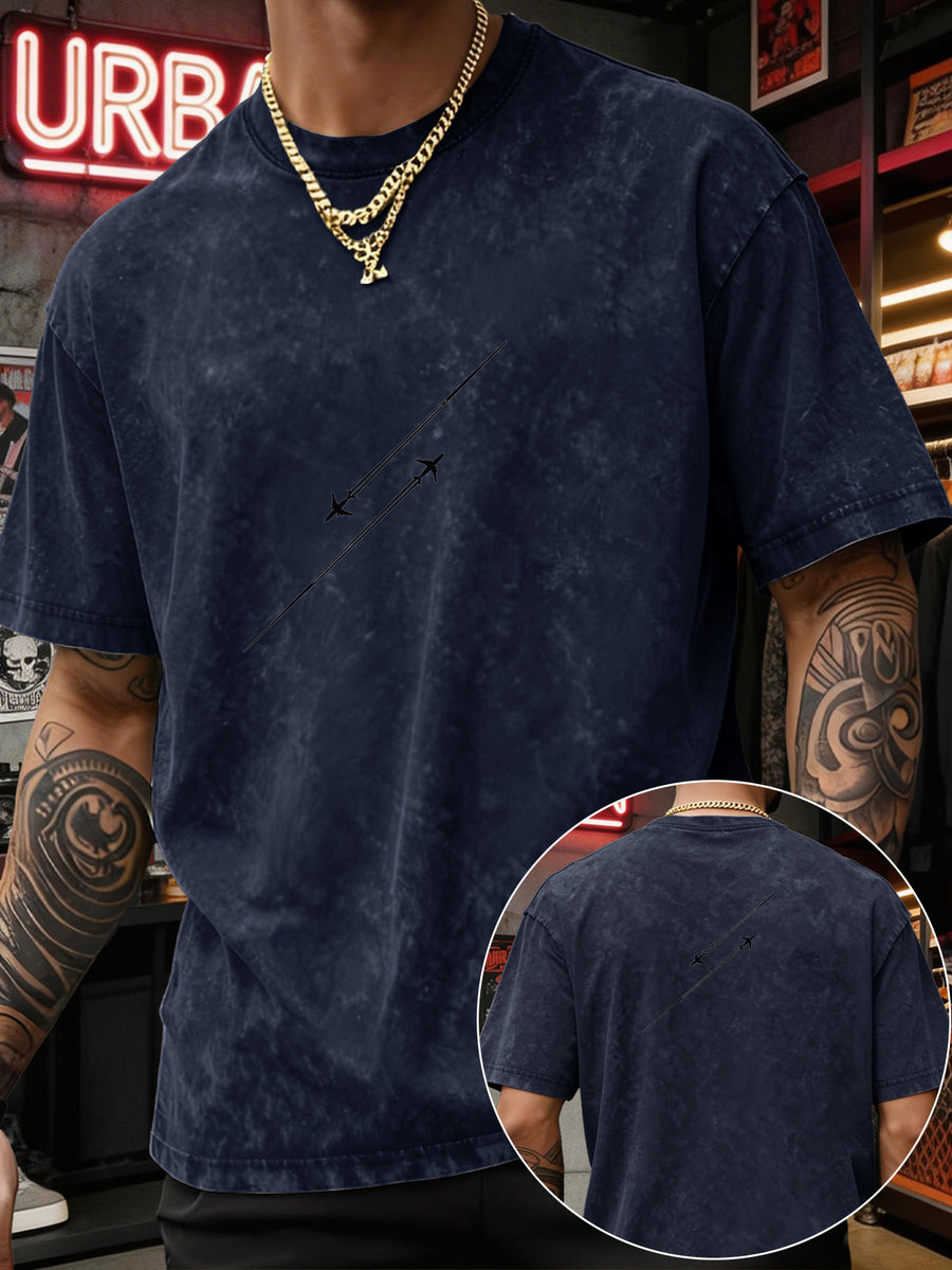 Men'S Heavyweight Washed T-Shirt Minimalist Airplane Line Art Print High Street Vintage Distressed Tee 2026 Summer Casual Urban Wear - Navy Color