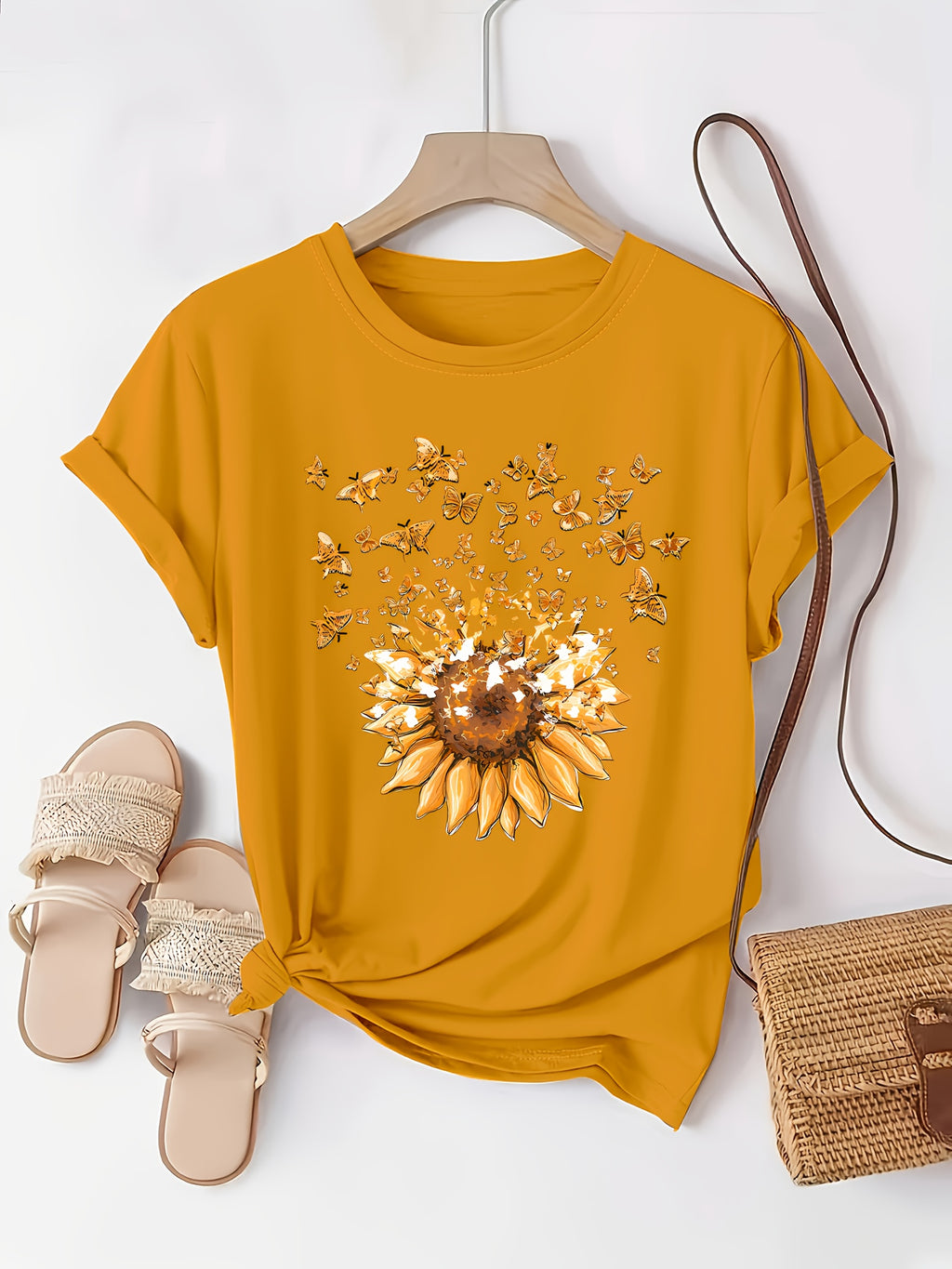 Sunflower Pattern Print - with Bow Design - Casual Round Neck, Short Sleeve, Spring/summer Fashion T-shirt - Yellow