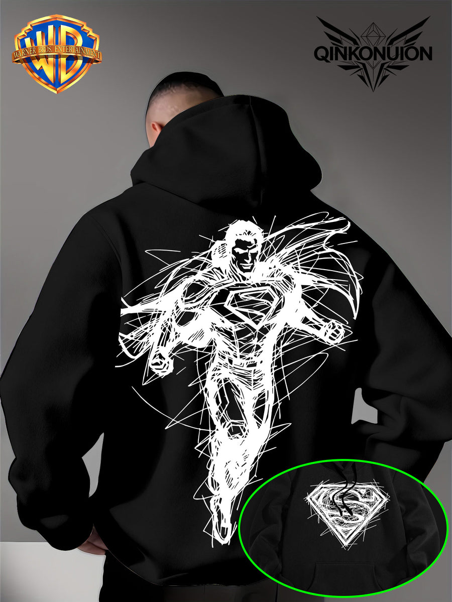 Warner Official Men'S Hooded Sweatshirt, Featuring Sketch Lines, Superhuman Flight, Dynamic And Cool Print Design, Machine Washable, Warm And Casual for Autumn And Winter, Daily Drawstring Hoodie, Multifunctional Sports And Casual Loose Fit - Black
