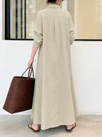In Stock European And American New Solid Color Lapel Long Sleeve Pocket Easy Loose Casual Long Dress 1pc - Apricot