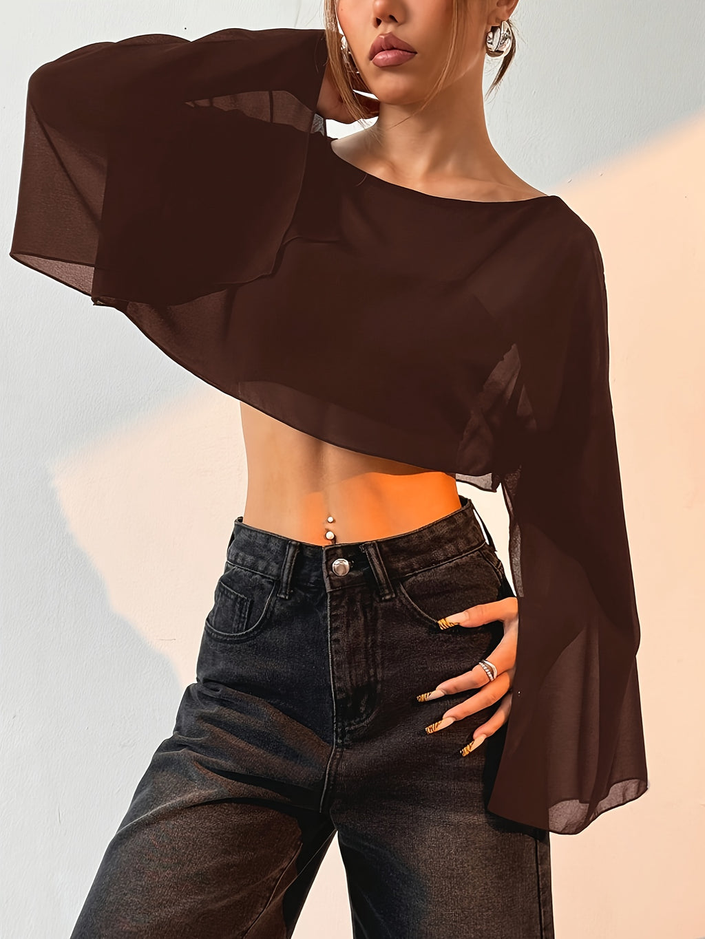 Women'S Solid Color Round Neck Batwing Sleeve Loose Short Shirt, Spring Summer Beach Cover-Up Top - Brown