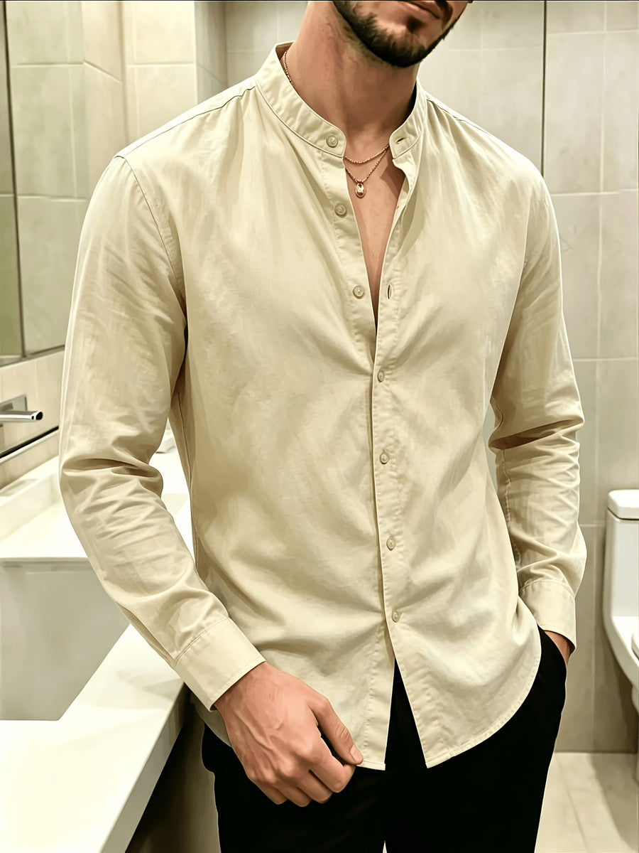 New Men'S Street Style Stand Collar Long Sleeve Shirts, Loose Fit Casual Blouse, Breathable Versatile Outer Tops for Men Fall Daily Street Going Out Wear - Khaki