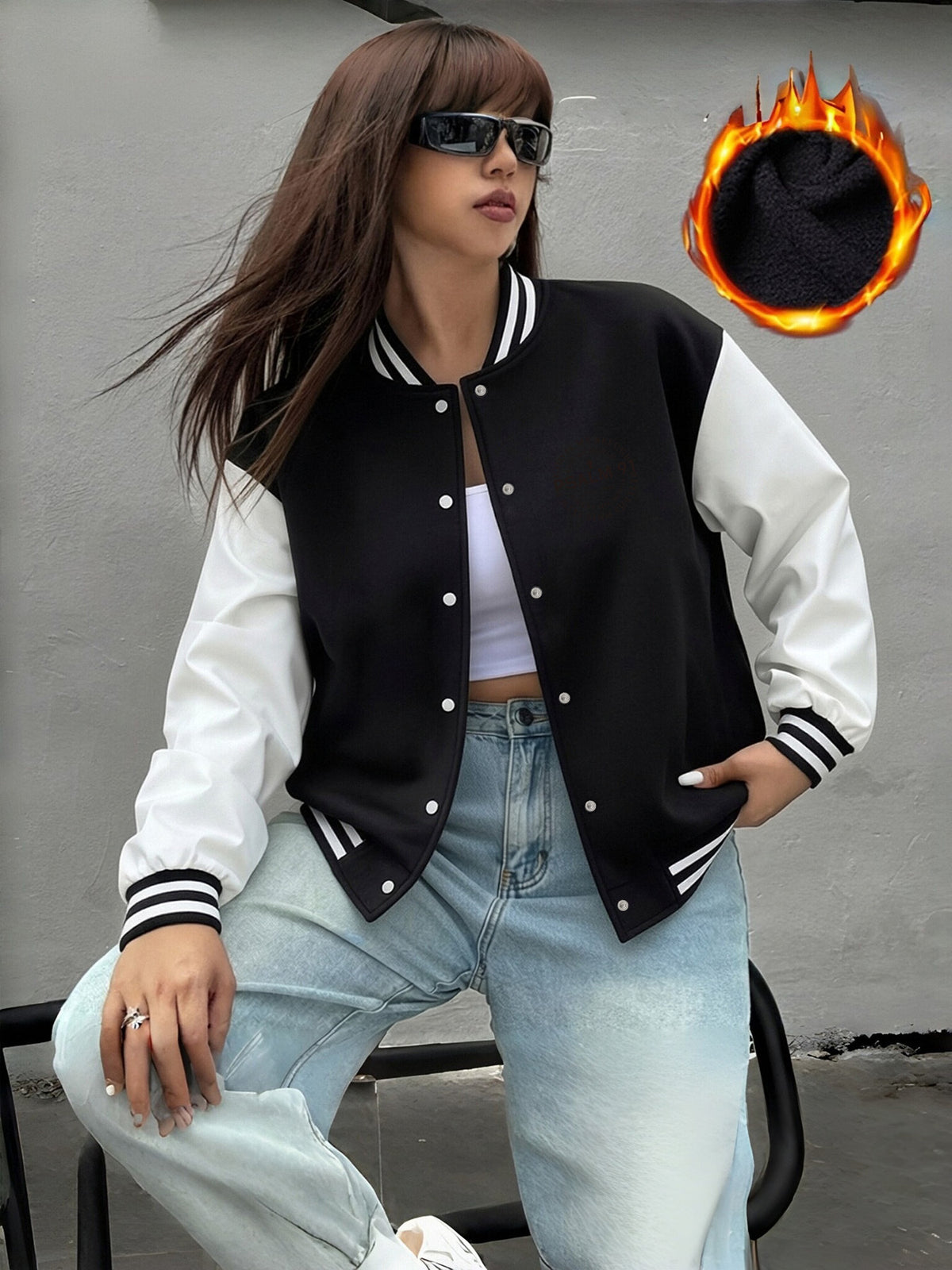 PSALM Women's Jacket, Autumn/Winter -Lined Thickened Warm Loose Fit Versatile Baseball Jacket Casual Open Front Cardigan - Black