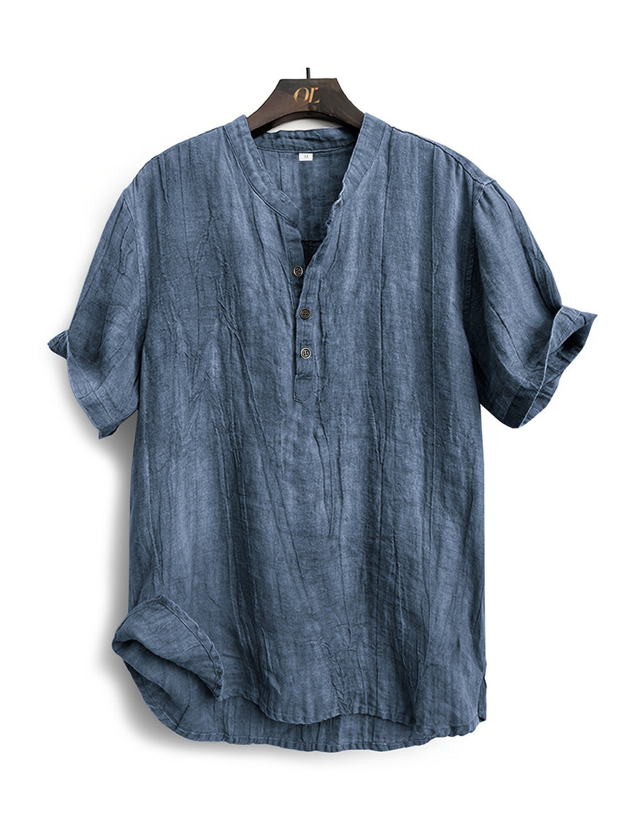 Men'S Summer Casual Henley Shirt, Preppy Style Thin Stand-Up Collar Short Sleeve T-Shirt, Retro Crinkle Ramie Pullover Men'S Top - Blue