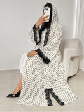 1 Set Women's Contrast Lace Polka Dot Print Hooded Abaya Vacation, Dubai Style. Suitable for Women's Daily Wear, Usable in Spring, Summer, and Autumn. Muslim Abaya, Summer Abaya for Women, Women's Abaya, Muslim Dress, Summer Robe for Women - White