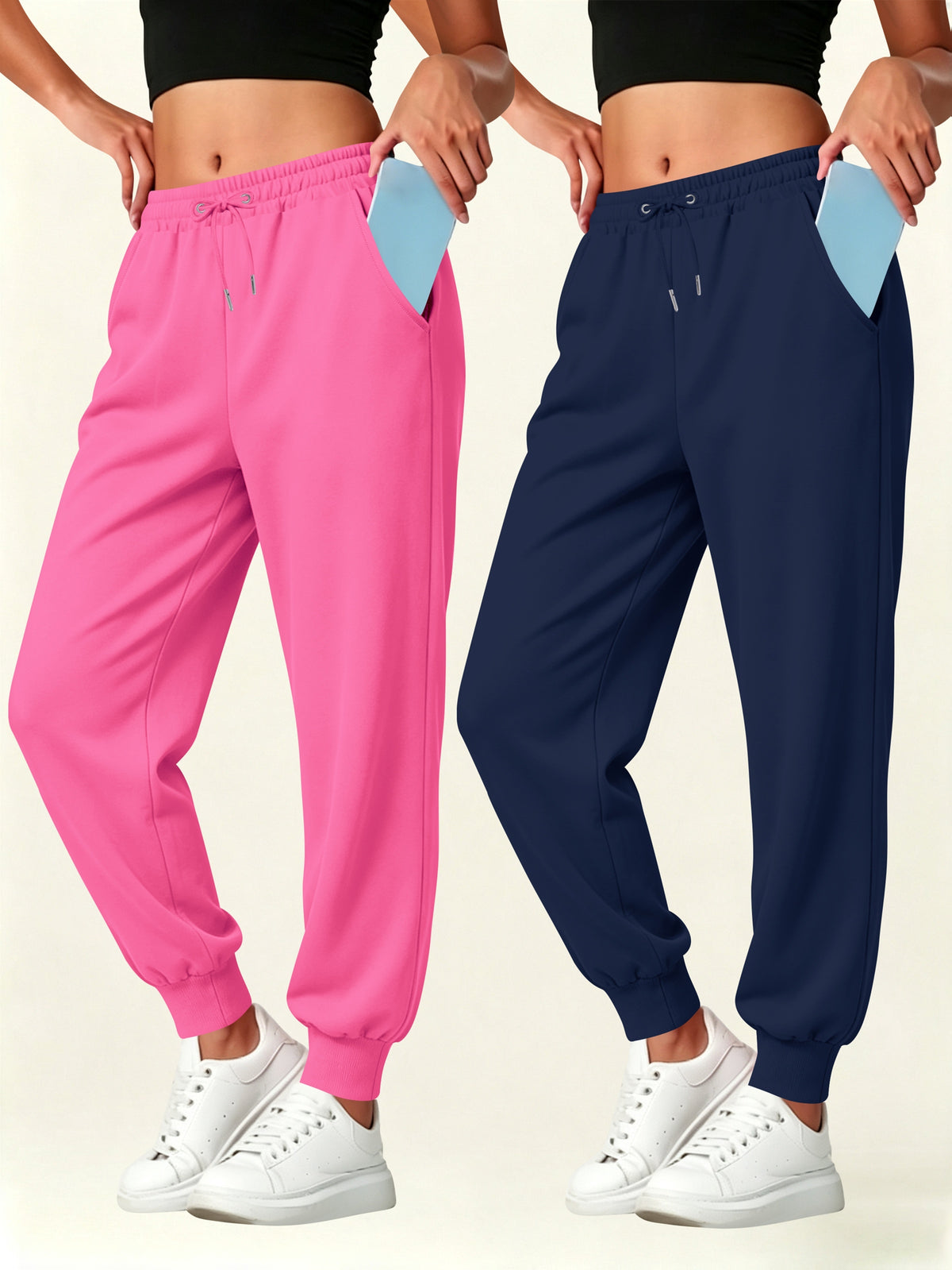 2pcs Set Autumn-Winter Women's Casual Pants with Pockets - Pink+Navy Blue