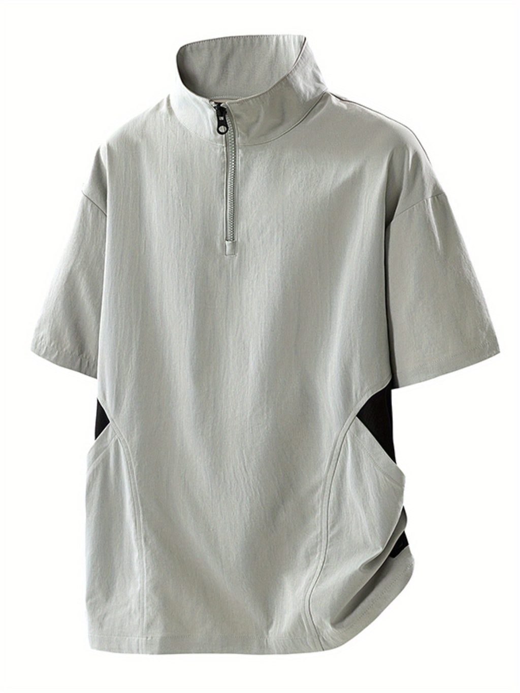 Summer New Versatile Stand-Up Collar Men'S T-Shirt Loose Thin Short Sleeve Half-Zipper Breathable Top - Light Grey