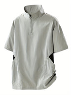 Summer New Versatile Stand-Up Collar Men'S T-Shirt Loose Thin Short Sleeve Half-Zipper Breathable Top - Light Grey