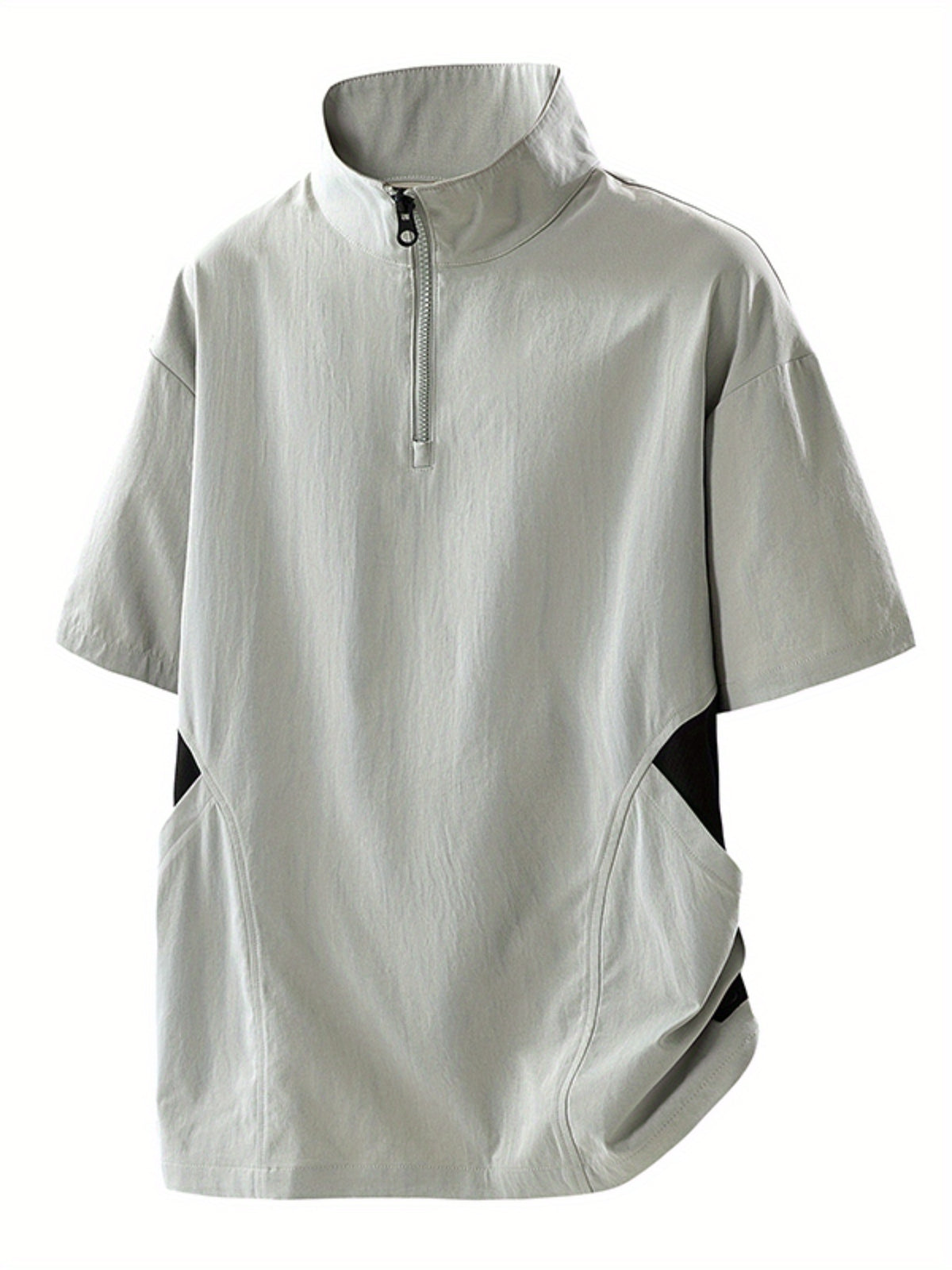 Summer New Versatile Stand-Up Collar Men'S T-Shirt Loose Thin Short Sleeve Half-Zipper Breathable Top - Light Grey