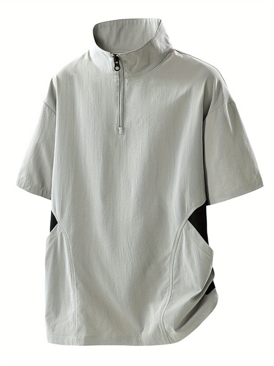 Summer New Versatile Stand-Up Collar Men'S T-Shirt Loose Thin Short Sleeve Half-Zipper Breathable Top - Light Grey
