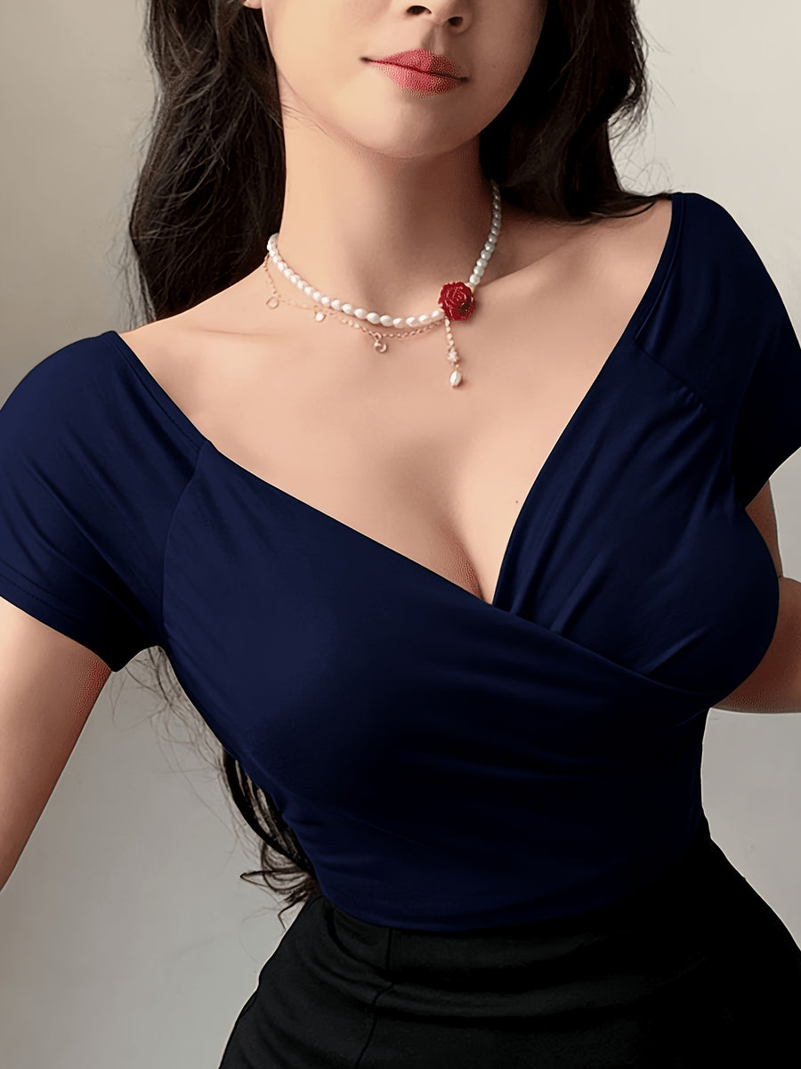 Front Deep V-crisscross Wrap, Back Off-the-shoulder Sleeveless Fitted Short-sleeve T-shirt - Navy Color