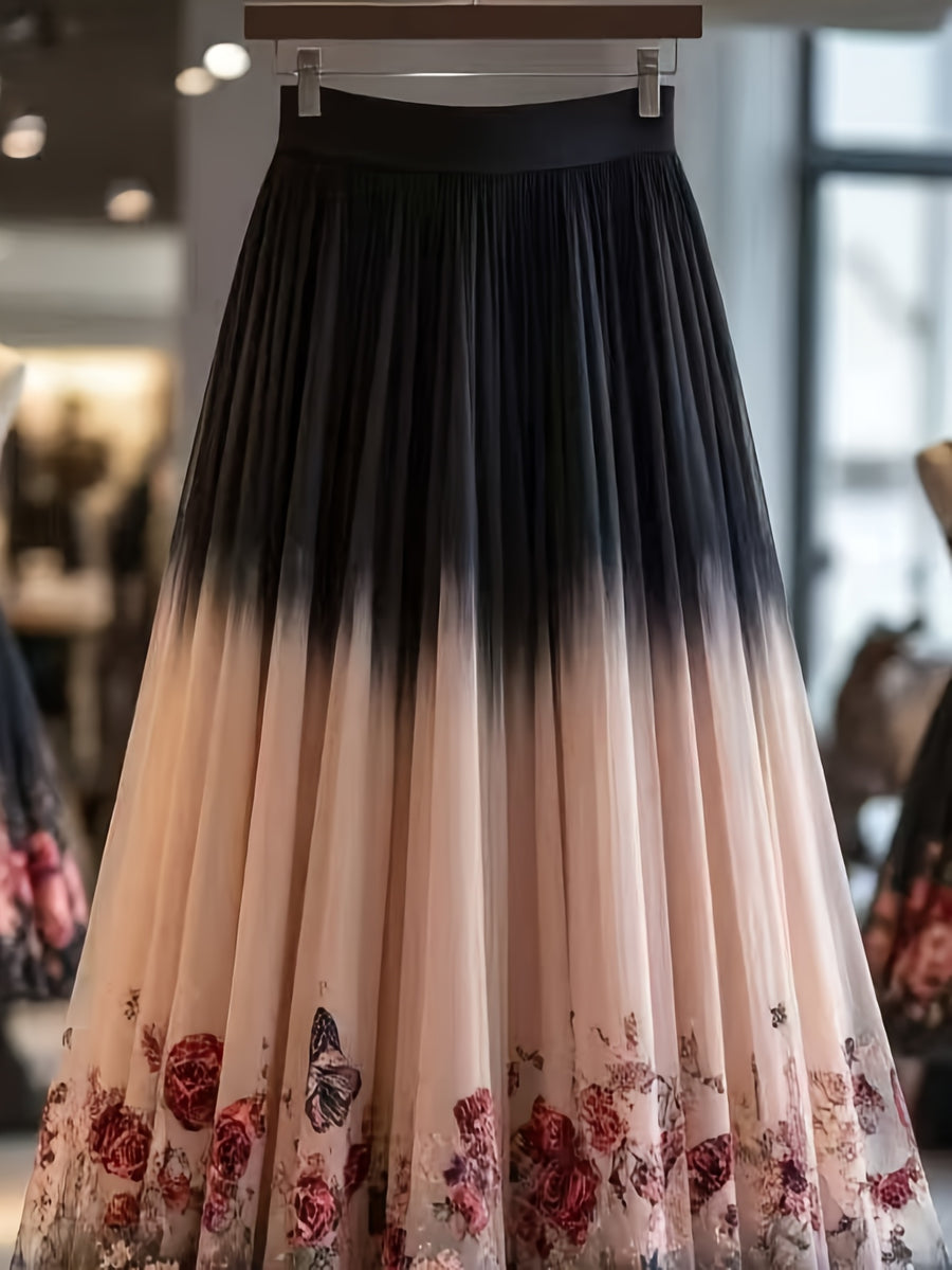 Autumn/Winter Vintage French-Style High-End Gradient Print Flowy Long A-Line Skirt - Black