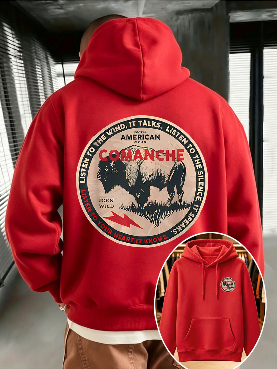 COMANCHE Local American Tribal Round Patchwork: Comanche Tribe Retro Round Badge, Western Niche, Retro Trendy Men'S Sports Hoodie - Regular Fit - Front Kangaroo Pocket, Machine Washable, High-Quality Fabric Suitable for Casual And Sports Wear - Red