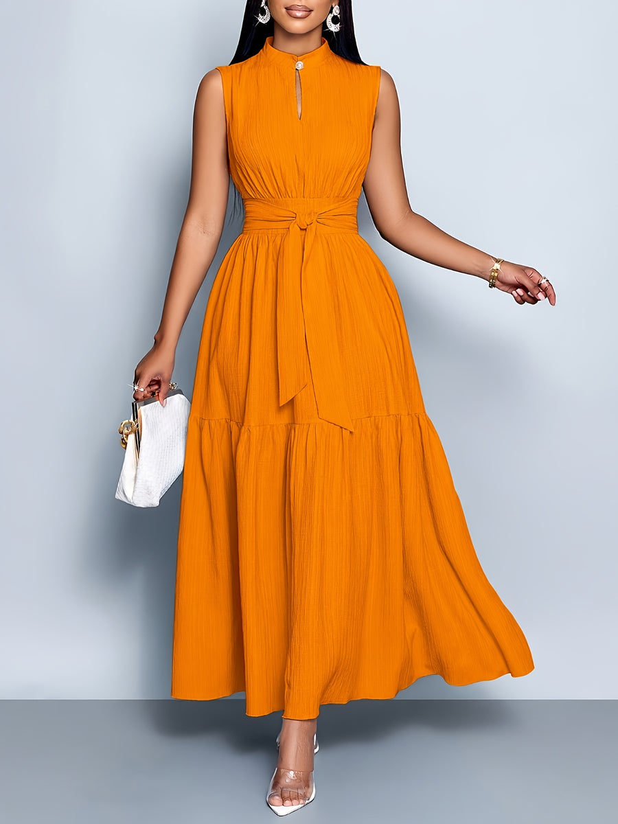 Elegant and Fashionable Women's Solid Color Stand-up Collar Sleeveless Waist-cinching Tie-knot Dress with Front Cutout, Suitable for Casual, Fashionable, and Commuting Styles. Selected from the Industry's Elegant Series, Ideal for Parties and Work - Orange