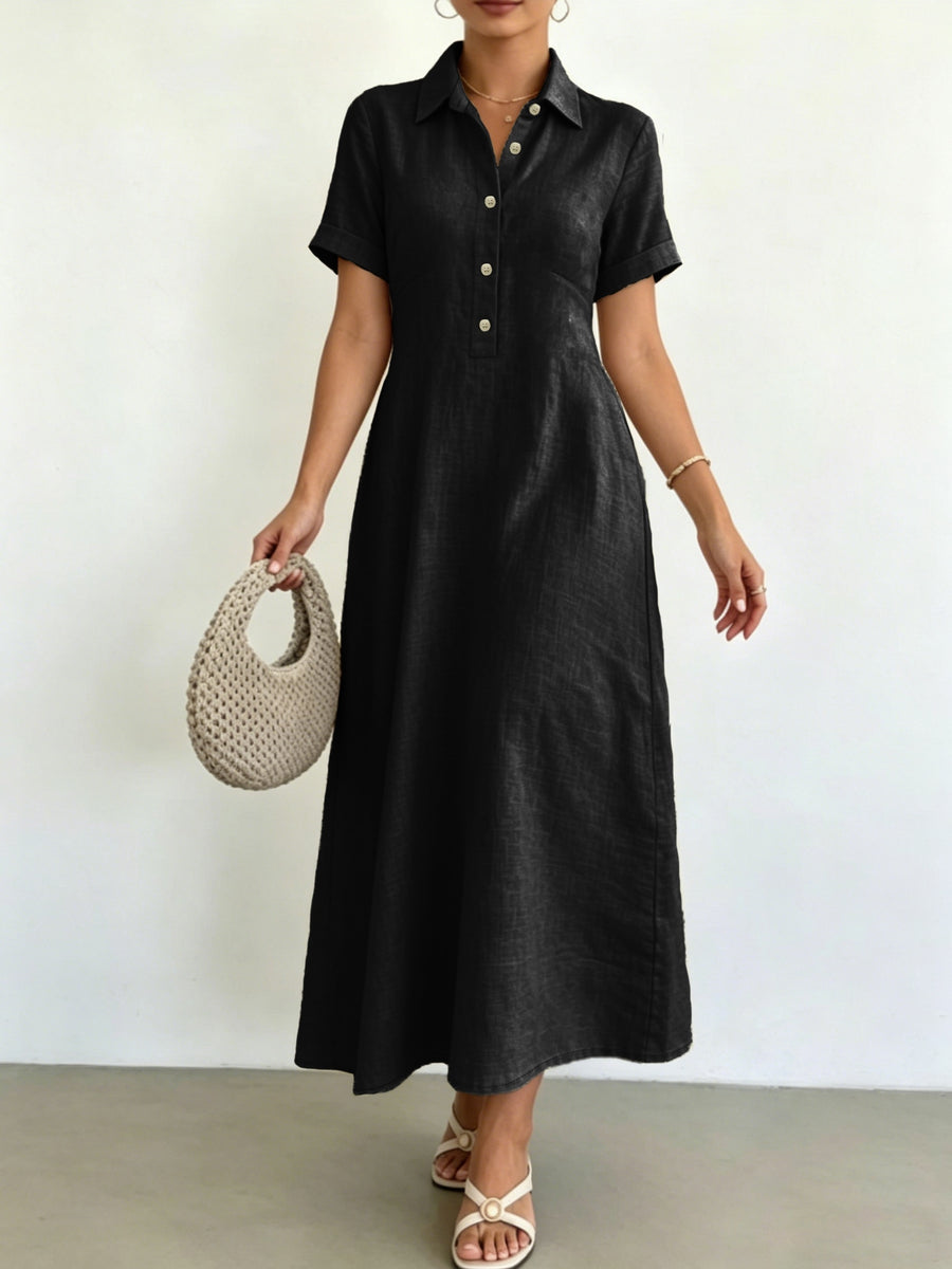 Women's Blended Fabric Shirt Dress with Lapel Collar, Half-Button Short Sleeves, A-Line Midi Length, Summer Casual Light Business Commuter Dress - Black
