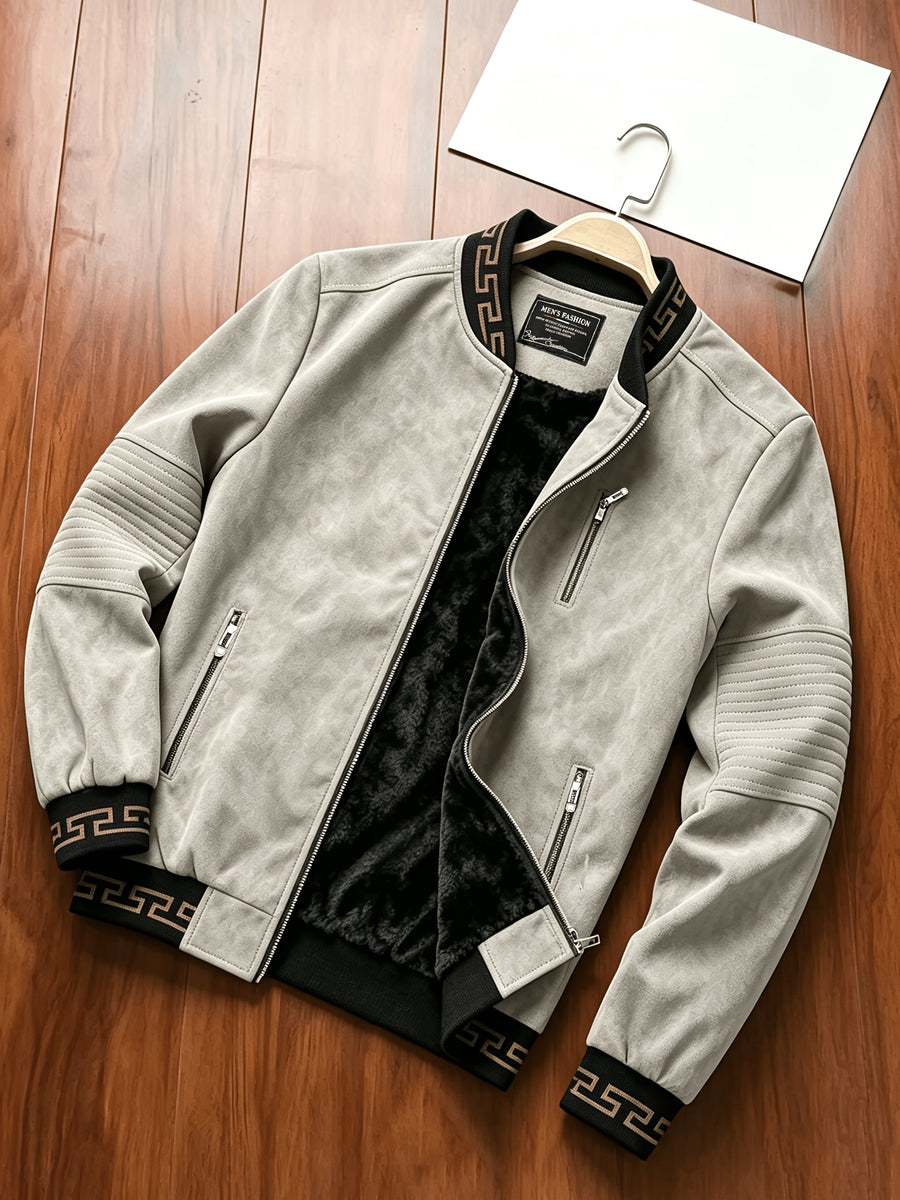 Men's -Lined -Look Baseball Jacket, Vintage Herringbone Ribbed Collar Casual Baseball Coat, for Daily Outdoor Streetwear - Light Grey