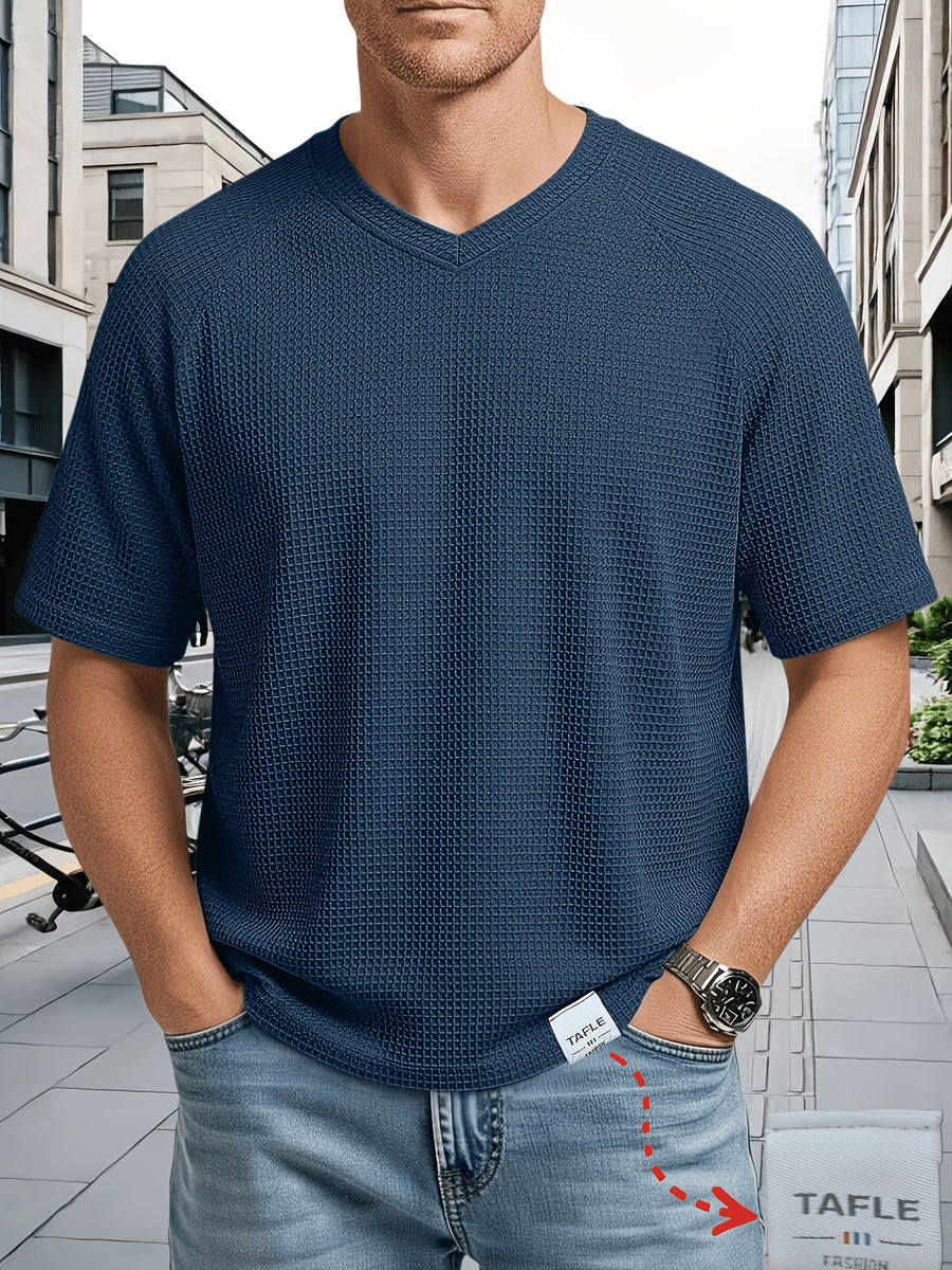 Men's Large Waffle Knit Chicken-Heart Neck T-Shirt - Loose Fit Short Sleeve Crew Neck Shirt with Hem Logo Decoration, Breathable Summer Casual & Sportswear, Solid Color Suitable for Gym, Casual Attire, Machine Washable - Sea Blue