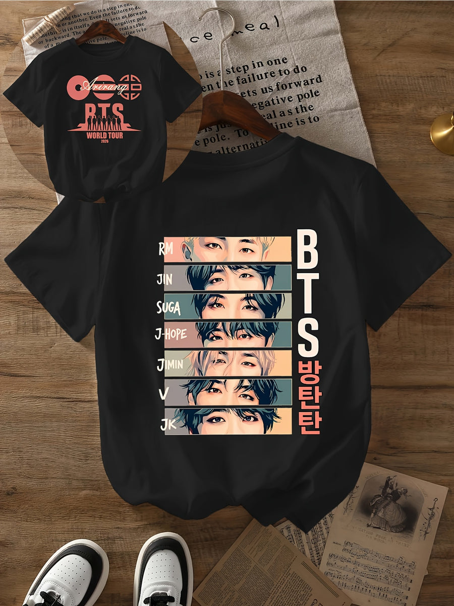 World Tour Arirang Pattern T-shirt, Short-sleeved Crew Neck Casual Top, Summer and Spring, Women's Wear - Black