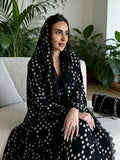 Muslim Polka Dot Print Lace Cardigan 8401 with Headscarf - Black