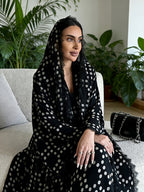 Muslim Polka Dot Print Lace Cardigan 8401 with Headscarf - Black