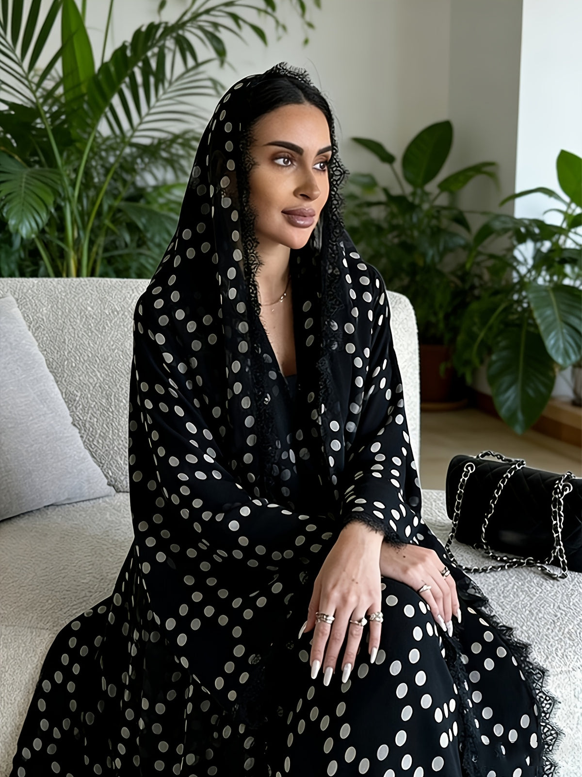 Muslim Polka Dot Print Lace Cardigan 8401 with Headscarf - Black