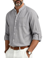 Men's Spring/Autumn Linen Loose-Fit Casual Simple Breathable Button-Front Roll-Up Sleeve Long-Sleeve Stand Collar Shirt - Grey