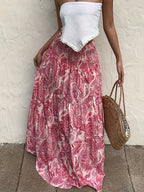 Women'S Bohemian Floral Print Maxi Skirt with Drawstring Waist - A-Line Flowy Skirt for Spring/Summer Vacation & Casual Outfits, Pink & White Floral Pattern, Lightweight Polyester Fabric, Vacation Clothing | Bohemian Style | Lightweight Fabric - Red