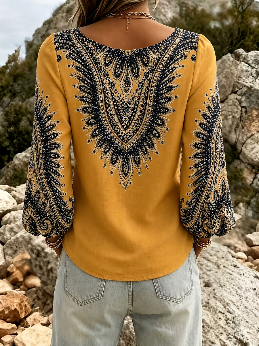 Ladies V-Neck Lantern Sleeve Top - Yellow