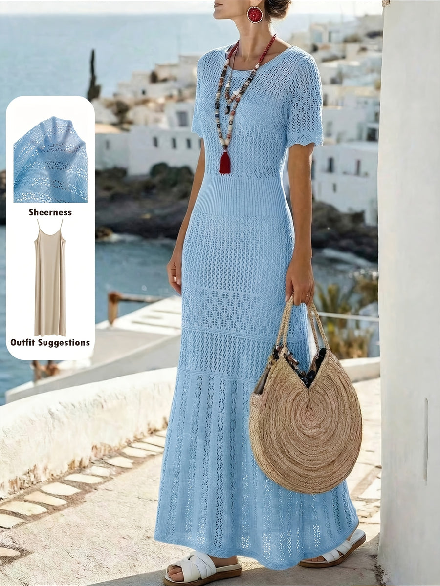 Women's Vacation Beach Bohemian Style Openwork Dress Cover-Up - Blue