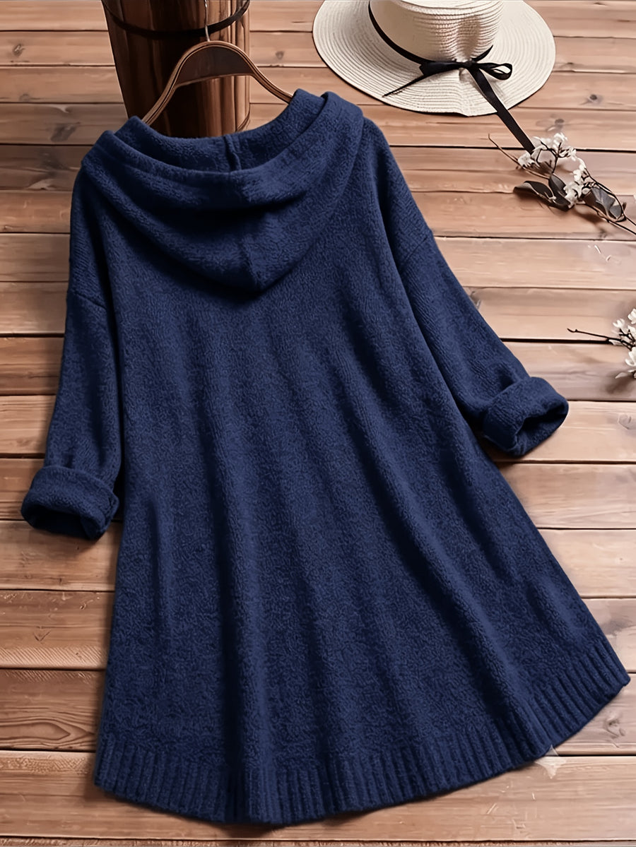 Women'S Elegant Casual Cute Sexy Middle Eastern Style Spring Autumn Solid Color Hooded Long Sleeve Slit Button Front Short Back Long Comfortable Loose Soft Warm Knit Pullover Sweater Top - Navy Color