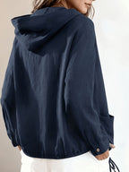 New Fashionable Solid Color Simple and Elegant Women's Hooded Jacket with Pockets - Navy Color
