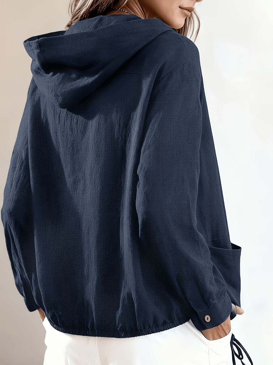New Fashionable Solid Color Simple and Elegant Women's Hooded Jacket with Pockets - Navy Color