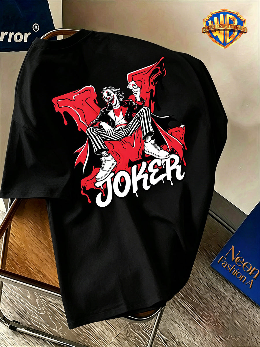 Warner Bros. Official Men's Short-Sleeve Pure T-Shirt, JOKER Ink Splatter Seat Portrait Print, American Vintage Streetwear Style Design, Spring/Summer Top, Regular Fit, Suitable for Outdoor, Fitness, Office, and Daily Wear, A Must-Have Item for Men's - Black