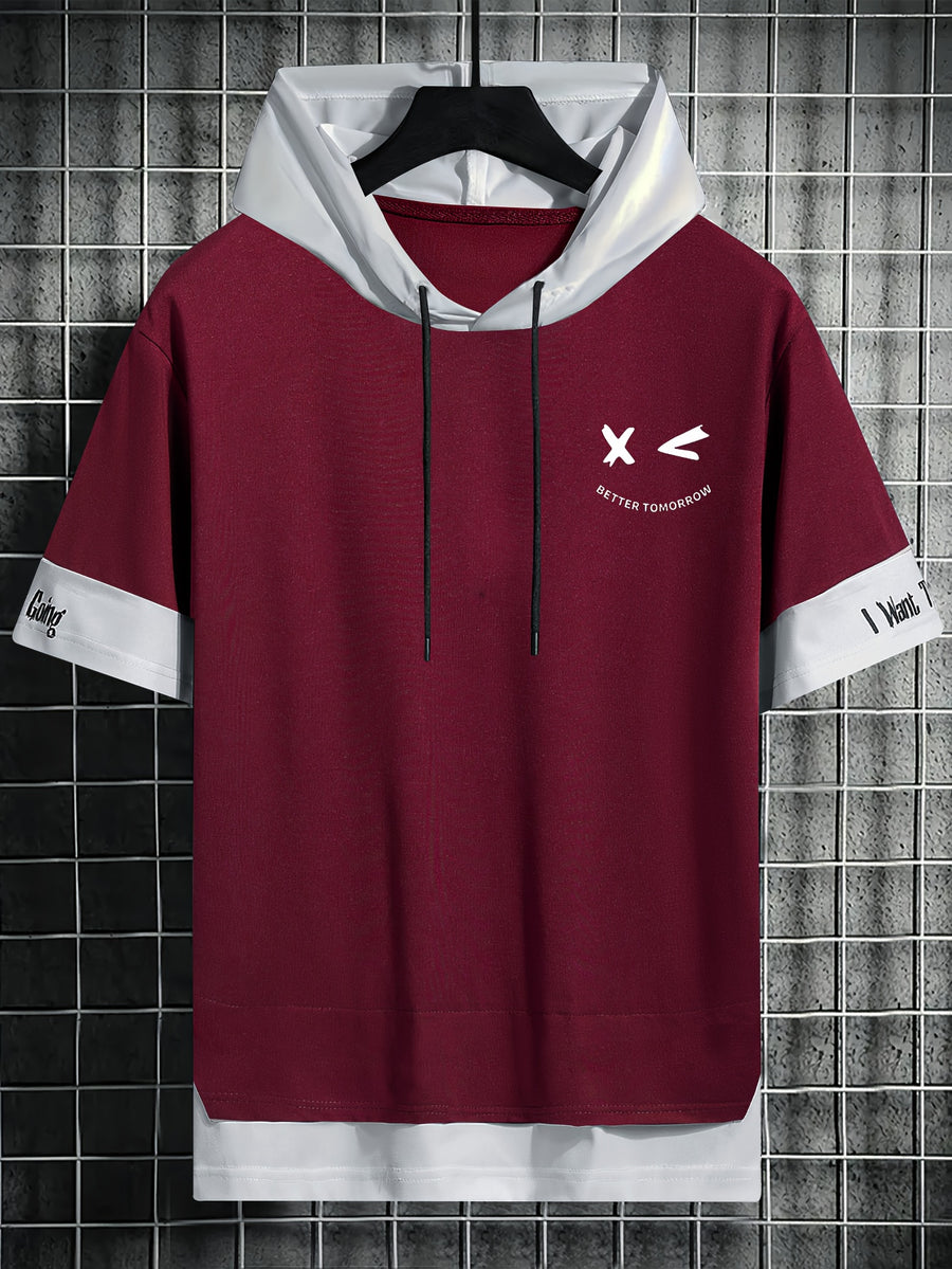 Men'S Color-Block Contrast Hooded Short Sleeve T-Shirt, English Letter Print, Short Sleeve Faux Two-Piece Streetwear, Trendy Fashion Versatile Street Casual Hong Kong Style Outfit, Casual Leisure All-Match T-Shirt, Suitable for Summer - Burgundy