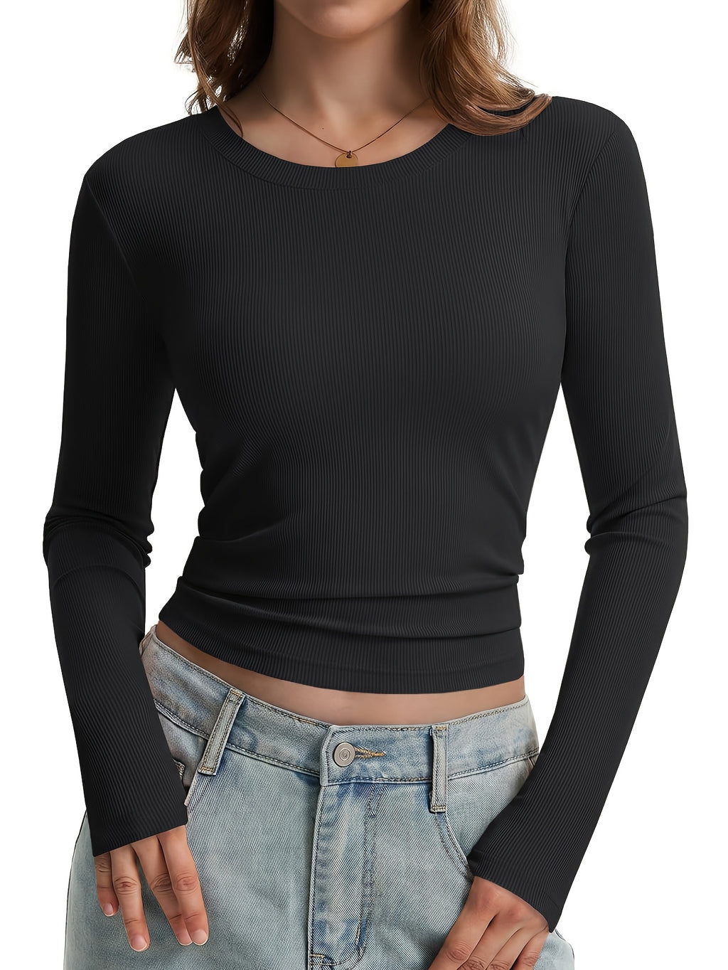 Women'S Round Neck Ribbed Slim Fit Fashion Top Comfortable Casual Short Sleeve Long Sleeve Body Suit Top - Black