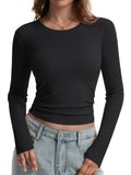 Women'S Round Neck Ribbed Slim Fit Fashion Top Comfortable Casual Short Sleeve Long Sleeve Body Suit Top - Black
