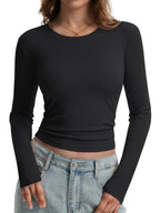 Women'S Round Neck Ribbed Slim Fit Fashion Top Comfortable Casual Short Sleeve Long Sleeve Body Suit Top - Black