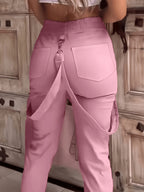 2026 Spring And Summer New Casual Women'S High-Waisted Pants with Solid Color Pocket Design And Elegant Suspenders, Perfect for Casual Outings And Dates - Pink