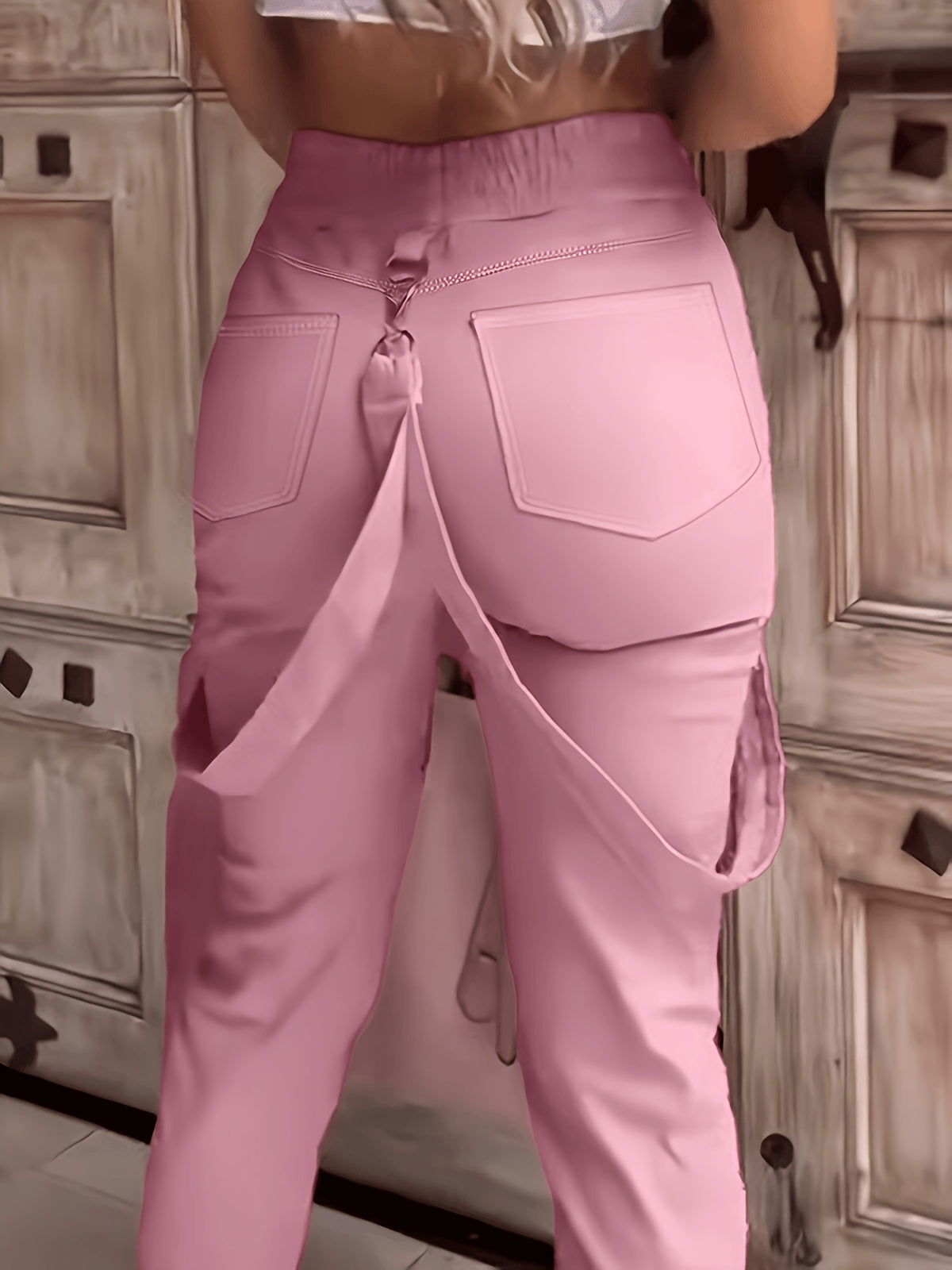 2026 Spring And Summer New Casual Women'S High-Waisted Pants with Solid Color Pocket Design And Elegant Suspenders, Perfect for Casual Outings And Dates - Pink