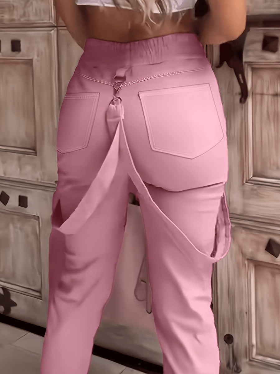 2026 Spring And Summer New Casual Women'S High-Waisted Pants with Solid Color Pocket Design And Elegant Suspenders, Perfect for Casual Outings And Dates - Pink