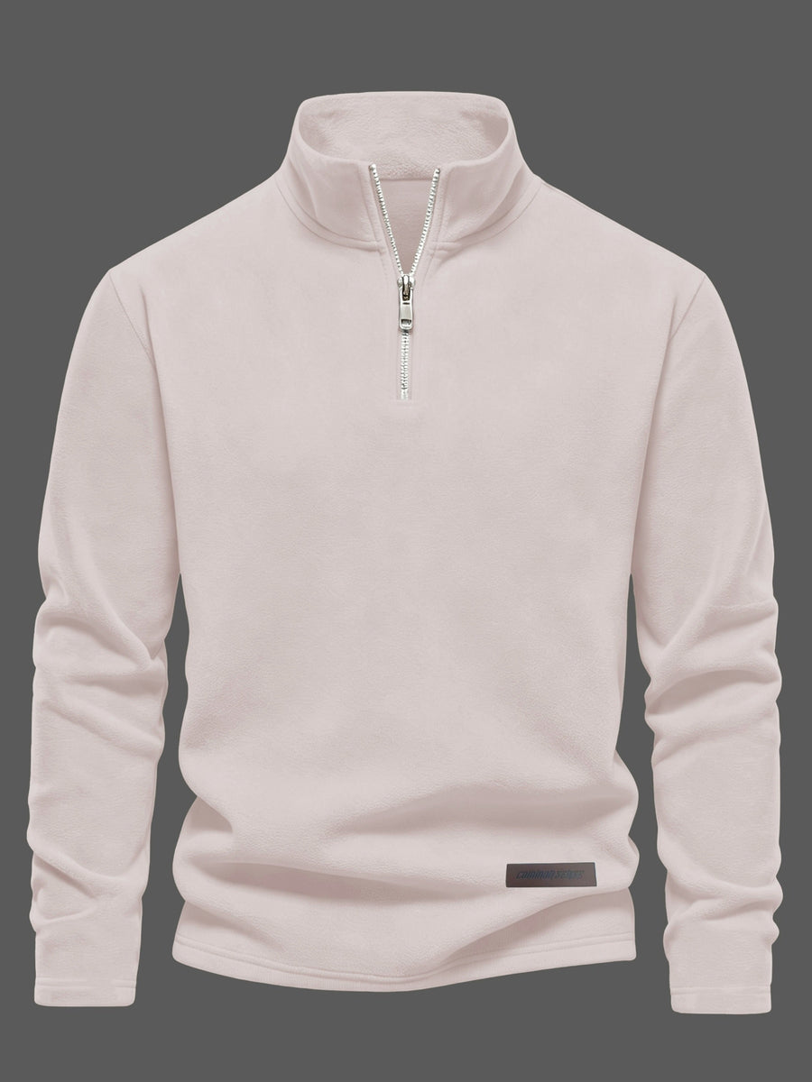 Josh Rose OBM Trendy Men's Solid Color Pure Velvet Fabric Long Sleeve Vintage Henley Shirt T-Shirt, Casual, Suitable for Autumn/Winter, Ideal for Men's Daily Wear, Stylish Slim-Fit Versatile Stand Collar Half-Zip Garment - Apricot