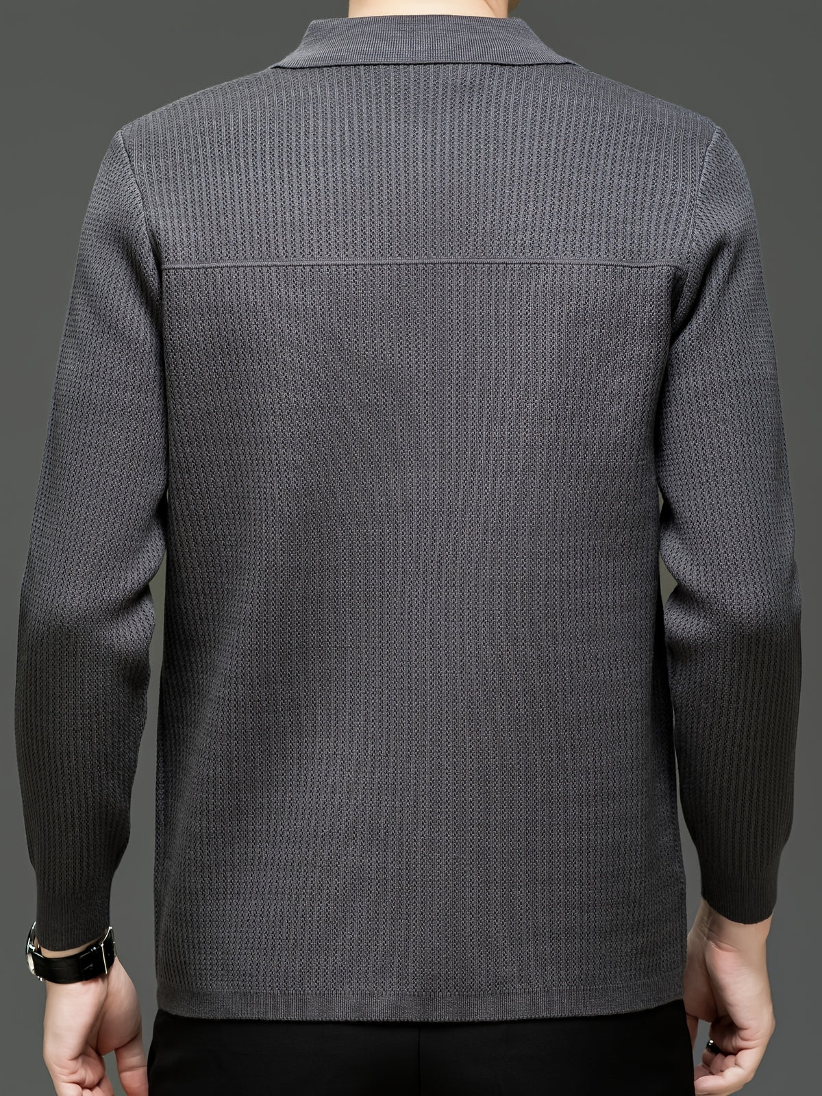 Du Jing Lan OBM Spring/Autumn New Arrival Men's Knitted Cardigan, Old Money Style Solid Color Striped Zipper Front Lapel Knit Cardigan, Men's Business Casual Fashion Zipper Front Knit Cardigan Top, Suitable for Spring, Autumn, and Winter - Dark Gray