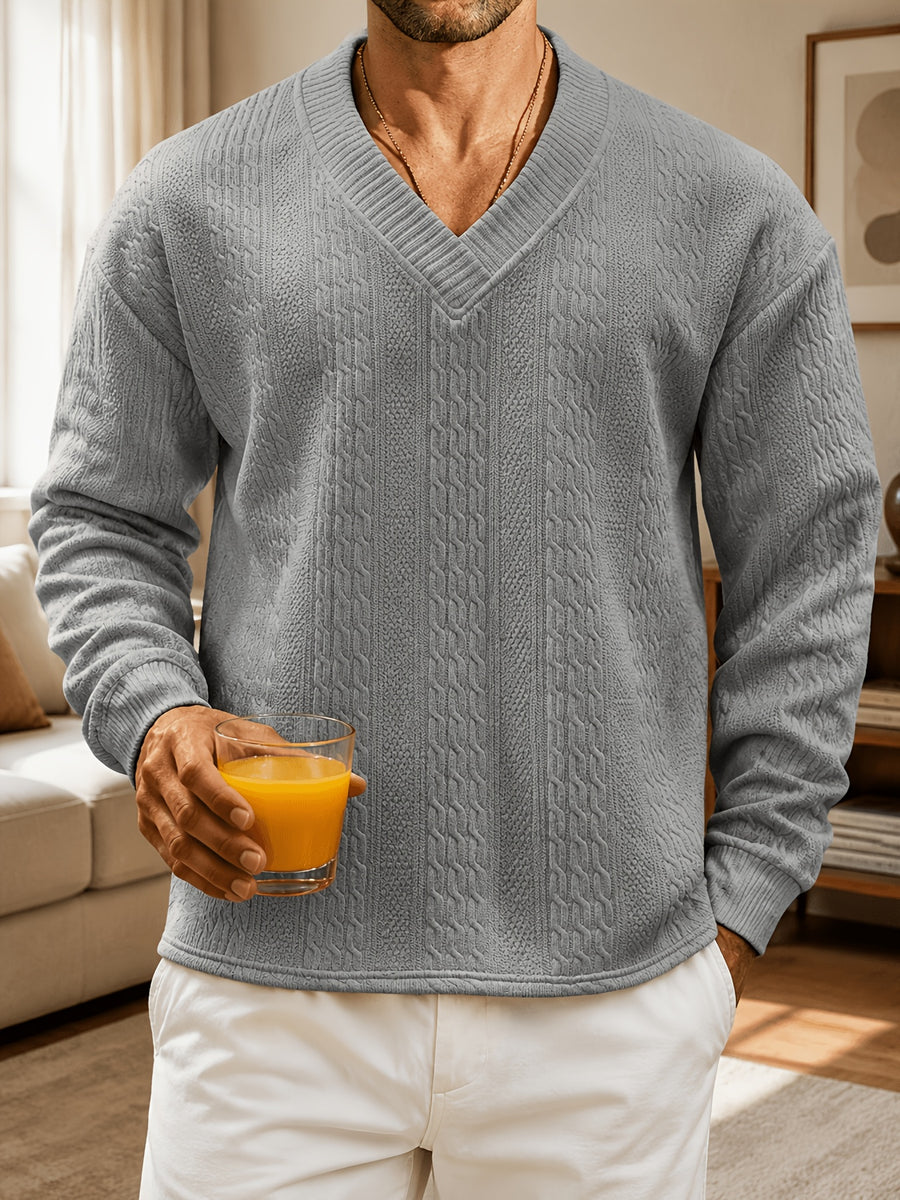 Fall Winter Men'S Casual Cable Knit Pullover, V-Neck Long Sleeve Textured Sweater with Ribbed Neckline, Cuffs, And Hem, Relaxed Everyday Top for Business Casual, Weekend, Dinner, Vacation, Travel, And Outdoor Walks - Space Gray