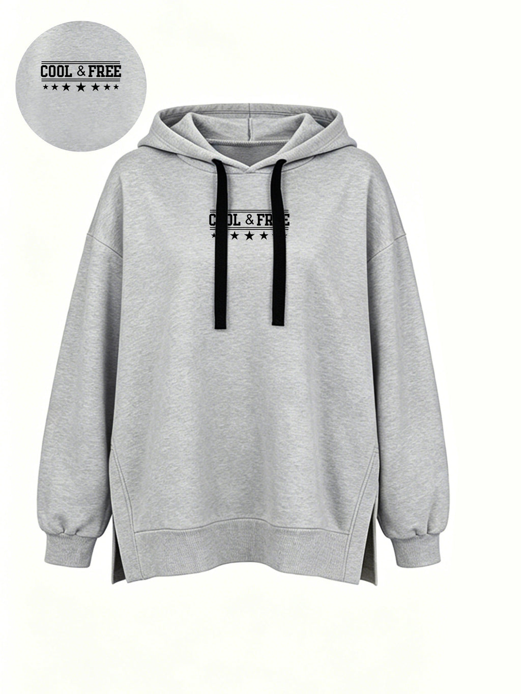Women'S Fashion Hooded Sweatshirt for Autumn And Winter - Pattern Print Design, Side Slit Detail, Pullover Hoodie - Light Grey