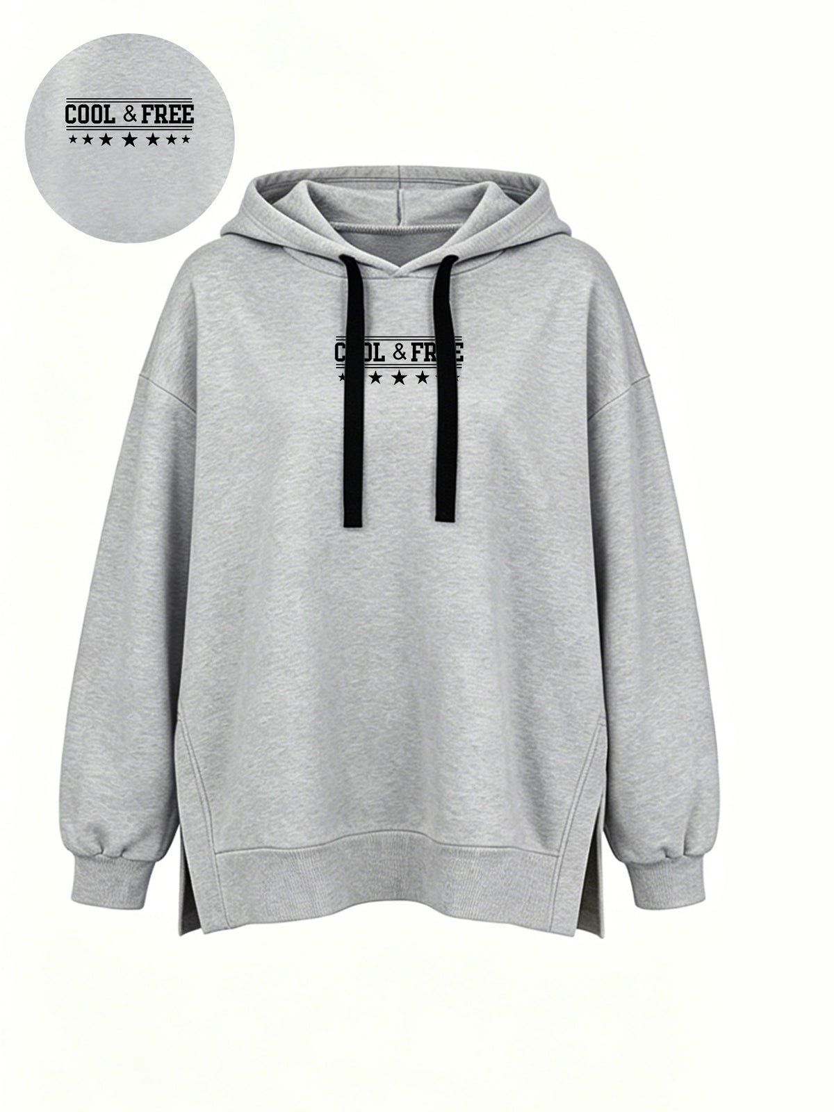 Women'S Fashion Hooded Sweatshirt for Autumn And Winter - Pattern Print Design, Side Slit Detail, Pullover Hoodie - Light Grey